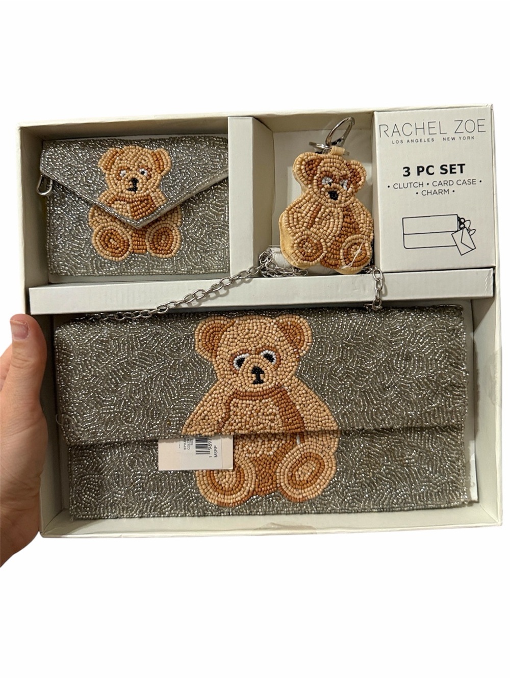 Rachel Zoe Beaded Teddy Bear bag clutch set NEW